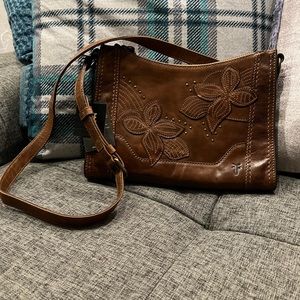 BNWT Frye Melissa Floral crossbody in Cognac leather.